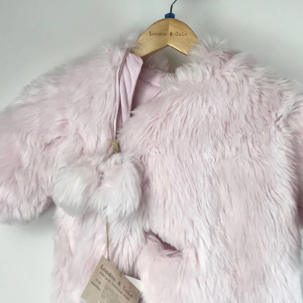 London & Cole Pink Faux Fur Baby Bunting Snow Suit 0-6 months Pom Poms - Picture 4 of 7